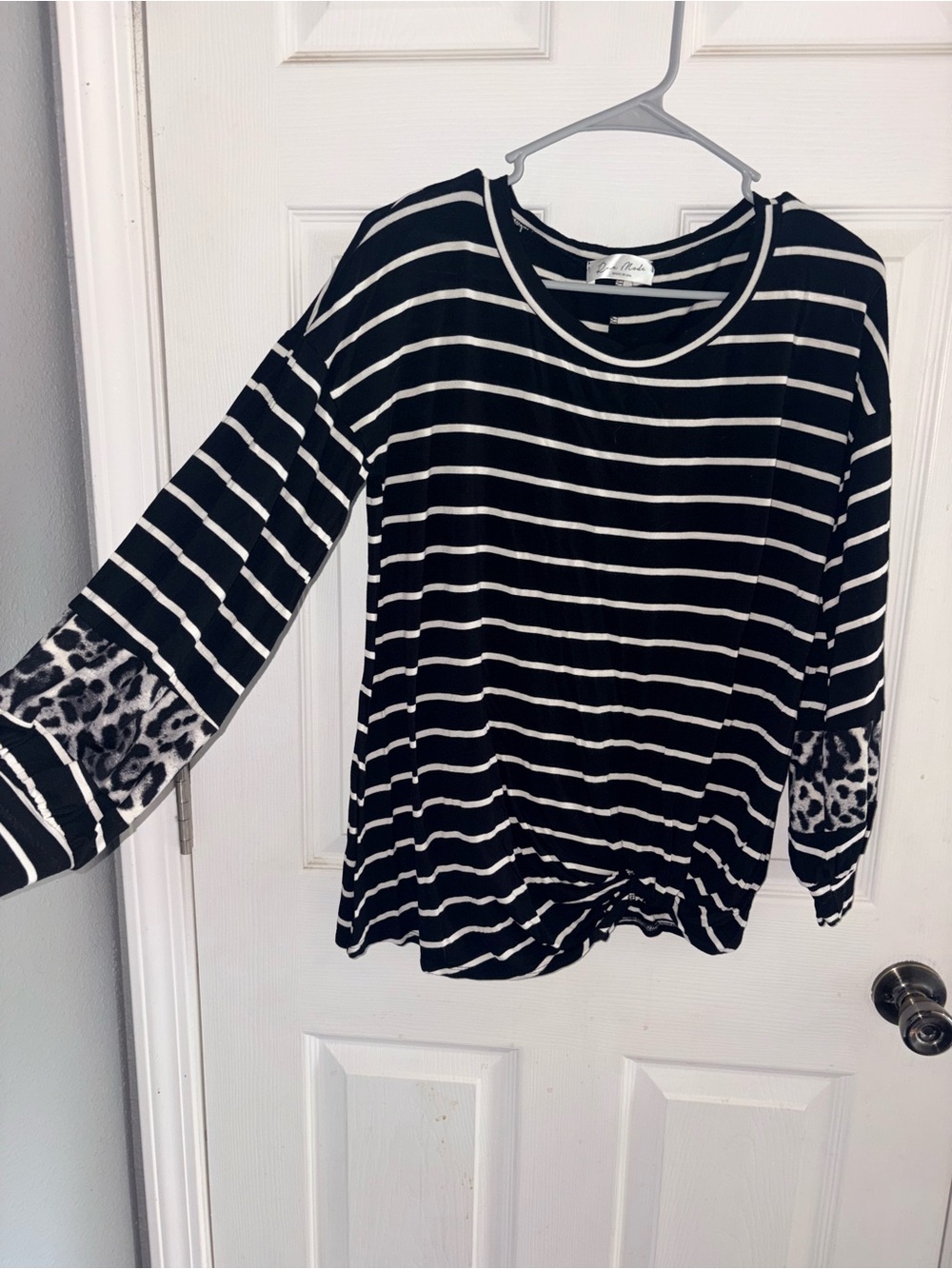 Striped Long Sleeve Tie-Hem Top with Leopard Cuff - Black